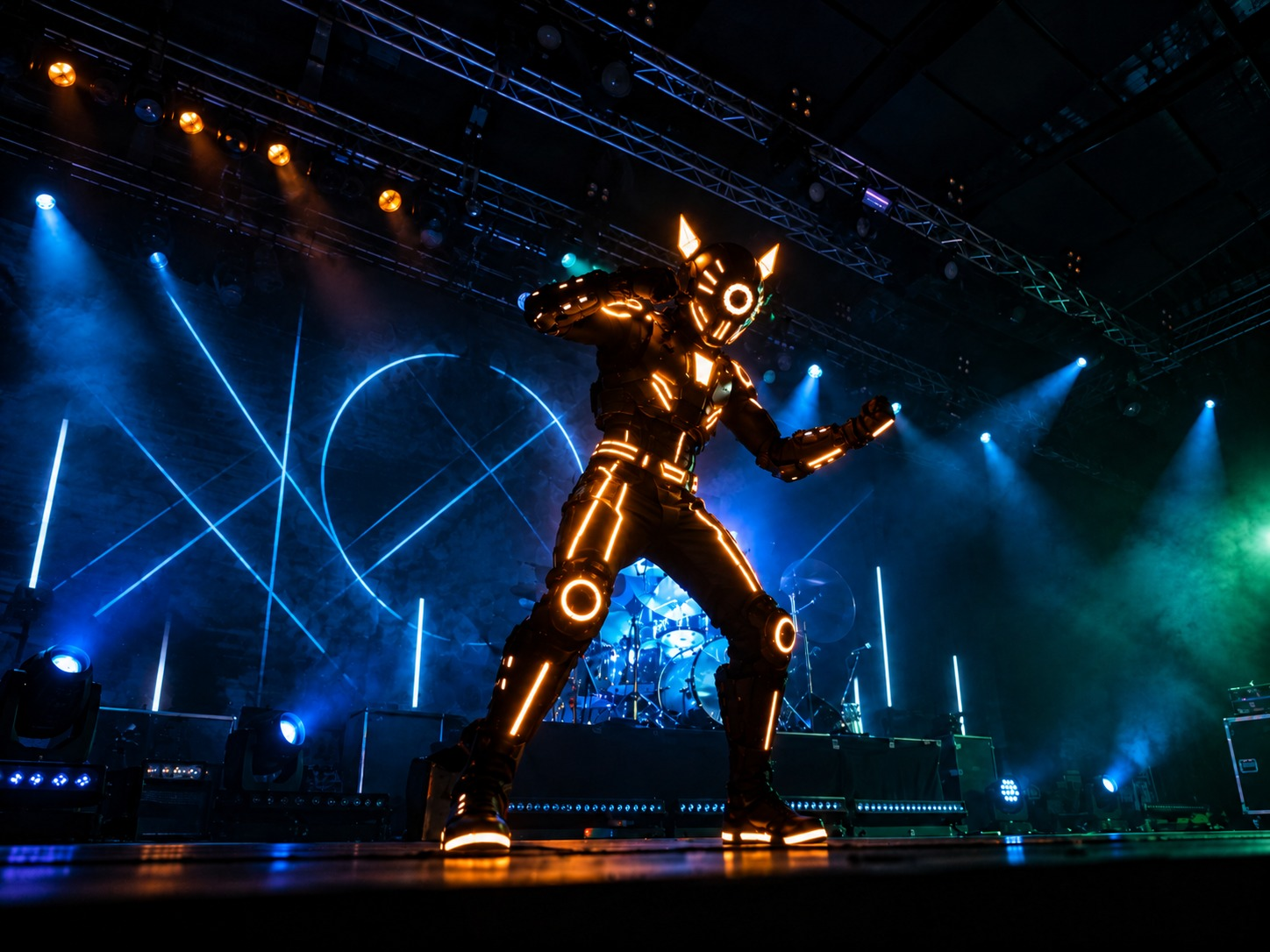 Artista com traje luminoso em um palco com luzes azuis